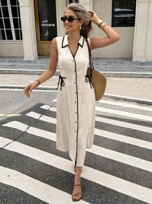 Serisse 女式夏季无袖侧结单排扣中长衬衫裙 - 杏色 - 查看 6