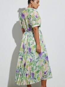 Aveloria Modichic Plus Size New Chiffon Flower Print Puff Sleeve Pleated Ruffle Hem Mini Dress, Fresh Style, Spring/Summer