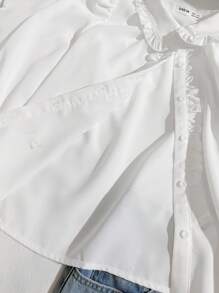 SHEIN 青少年女孩宽松休闲优雅荷叶边泡泡袖纽扣衬衫，舒适日常和学校穿着，长袖上衣白色荷叶边白色衬衫 - 白色 - 查看 6