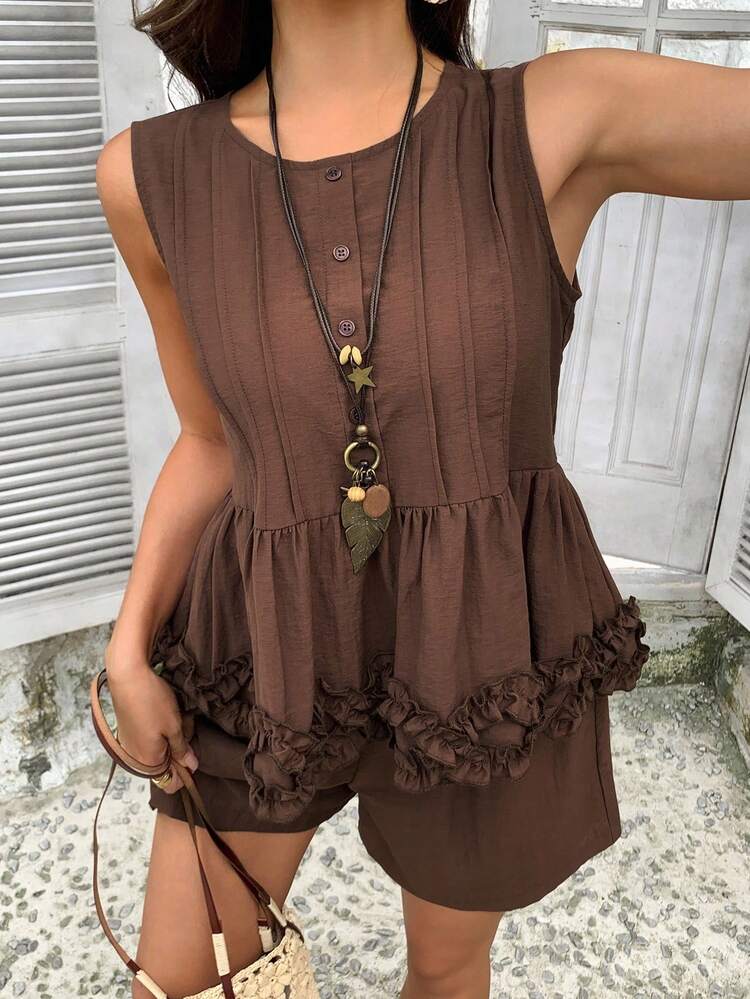 2pcs Women Summer Sleeveless Frill Trim Casual Shorts Set