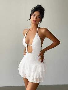 Aloruh Women's Sexy Solid Color Lace Backless Halter Mini Dress, Summer - White - View 6