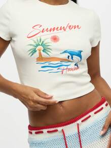 SUMWON WOMEN Áo thun crop top họa tiết Hawaii mùa hè cho bé Y2K thời trang bãi biển cây cọ sóng biển đảo in họa tiết thường ngày - trắng - Xem 5