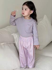 Dazy Kids Baby Girl Casual Knit Round Neck Short Sleeve Top And Plaid Loose Pants, Pajama Set Toddler - Purple - View 4