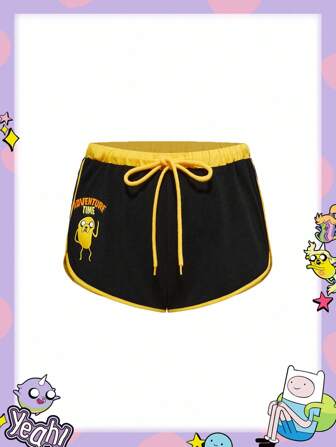 Adventure Time X ROMWE Women Summer Contrast Trim Cartoon Graphic Mini Shorts