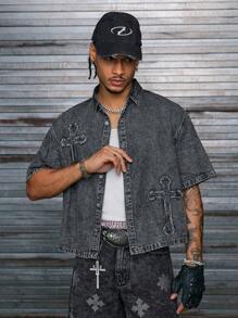 AXEPEAK Men's Casual Water-Washed Cross Print Short Sleeve Denim Shirt, Summer - Grey - View 3