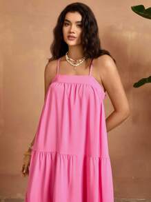 SHEIN VCAY Plus Size Women Holiday Solid Color Ruffle Hem Spaghetti Strap Dress - Hot Pink - View 6