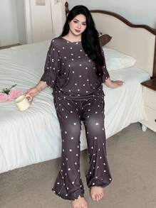 Dazy Plus 心形印花宽松短袖 T 恤和松紧腰裤套装、家居服和睡衣套装 - 棕色 - 查看 5