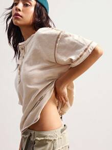 Bohemela 休闲纯色针织半拉链前短袖宽松女式T恤 - 杏色 - 查看 4