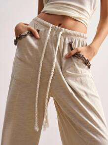 Bohemela 休闲针织拼接低腰喇叭宽松女式长裤 - 杏色 - 查看 3