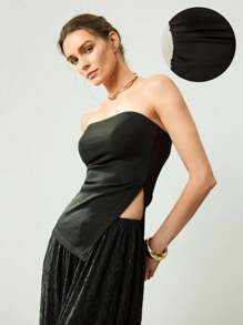 SHEIN Unity Women's Black Summer Seksi Chic Club Off Shoulder Asymmetric Hem Slit Ruched Niche High-End Design Fitted Tube Top Elegant Vacation Base Layer - Black - View 2