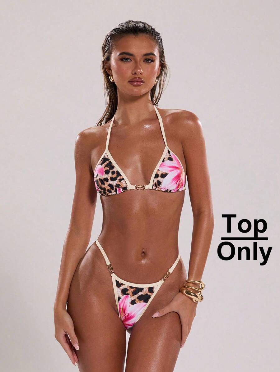 SHEIN BAE Atasan Baju Renang Wanita Seksi Elegan untuk Pesta Liburan Motif Leopard dengan Tali Pengikat Model Halter dan Dekorasi Kerang, Model Mini Segitiga. - Aprikot - View 1
