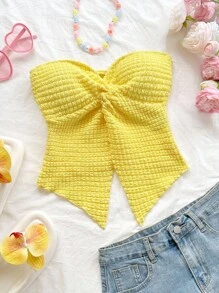 Soleia Áo Bandeau vải xoắn viền bất đối xứng cho nữ, màu vàng nhạt, thích hợp cho kỳ nghỉ, hẹn hò, trà chiều, ngày lễ, lễ hội âm nhạc, phong cách Boho - Màu vàng - Xem 3