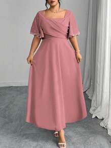 Modelyn Plus Size Red Square Neck Ruched Waist A-Line Pearl Embellished Dress - Pink - View 5