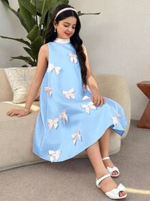 SHEIN Tween Girls' Casual Elegant Bow & 3D Floral Ruffle Back Bow Decor Stand Collar Sleeveless Maxi Dress, Suitable For Party, Wedding, Special Occasions - Baby Blue - View 1