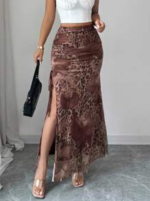 Rafferiza Falda A-line con raja alta, cintura elástica y estampado de leopardo en malla elegante para mujer - Café integral - Ver 5
