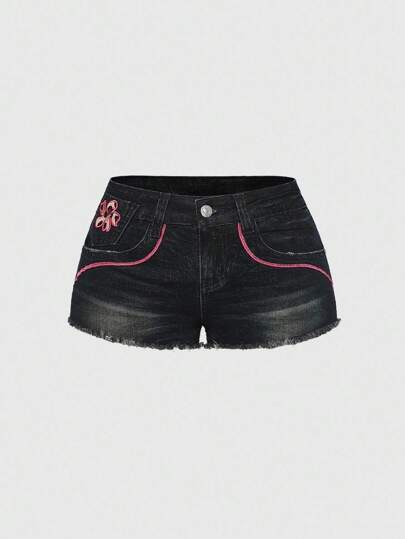 Fairycore Y2K Baddie Tight Butterfly Embroidery Distressed Washed Plus Size Denim Shorts