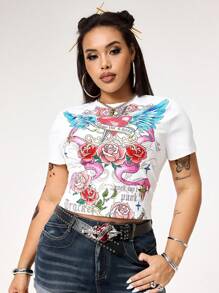 ROMWE Avant Plus Size Y2K Vintage Style Heart Wing Rose Print Bodycon T-Shirt - White - View 7