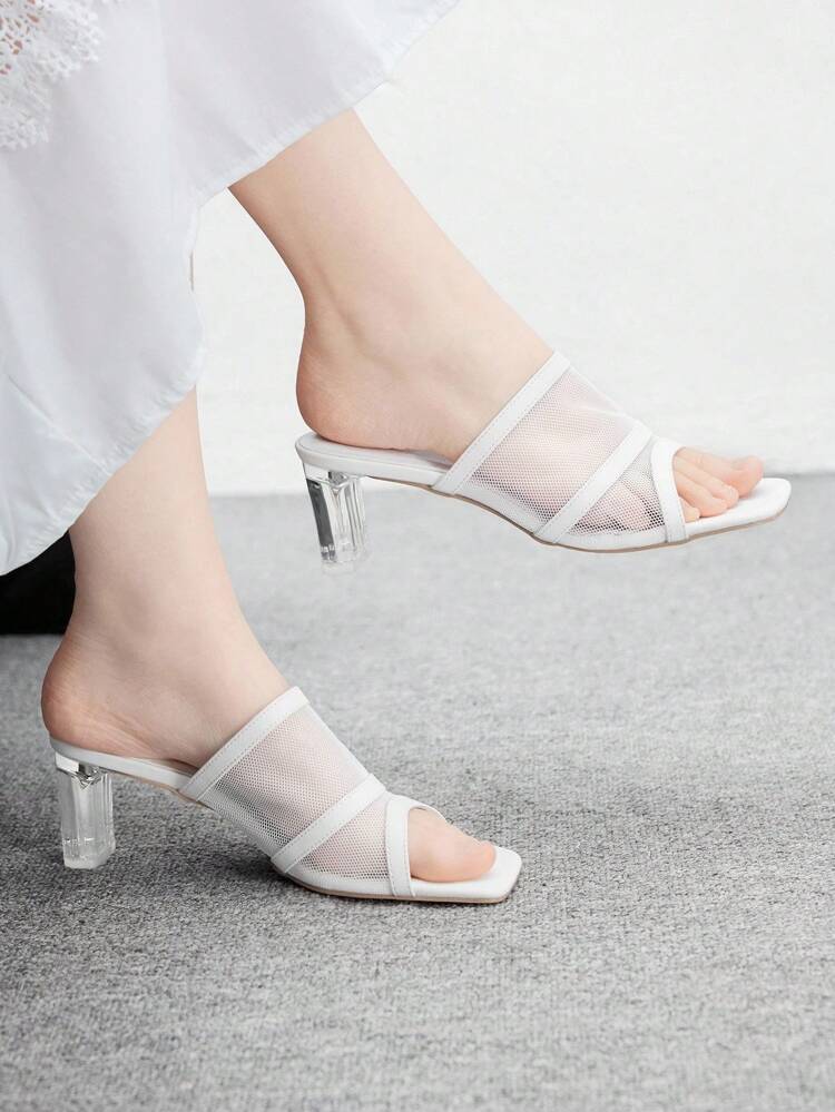 CUCCOO BIZCHIC Women's High Heel Sandals, White Mesh Decor, White High Heels