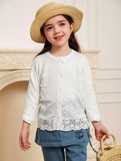 DAZY Young Girls Round Neck Lace Patchwork Casual Long Sleeve Plain Cardigan,Fall Clothes