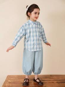 DAZY 年轻女孩格子休闲百搭长袖衬衫，秋季服装 - 藍色 - 查看 4