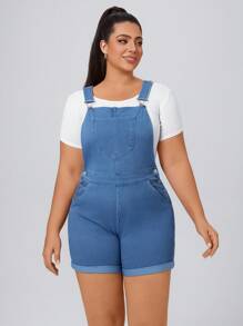 SHEIN Essnce Plus Size Women's Summer Pocket Button Fitted Denim Bib Shorts - Blue - View 6