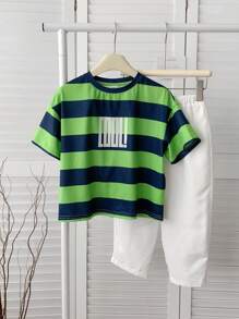 SHEIN 2件套年轻男童休闲运动T恤和白色长裤，条纹圆领，宽松日韩风格，适合儿童服装/年轻男童衣服，返校男童套装，适合生日派对，晚会，表演，婚礼，洗礼，返校仪式，适合日常使用，适合上学，适合旅行，适合运动，适合春夏季节 - 白色 - 查看 13