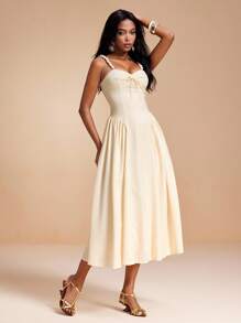 VALERIA GALIPOLI Seersucker Fabric Beaded Strpas Ruching Puss Madi Dress Women Summer Party Elegant Going Out Cream Dresses For Women Midi Dress Tea Length Dress Corset Dress Ankle Length Dress - Yellow - View 7