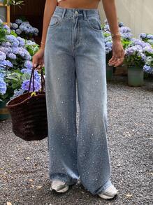 Livesso Women's Rhinestone Decor Loose Casual Straight Leg Jeans, Street Style