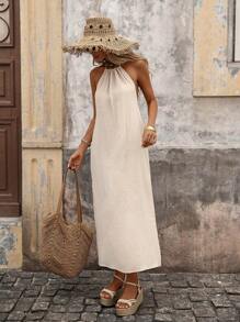 Brillora Spring Solid High Slit Hem Halter Neck Backless Summer Women Beach Long Dress