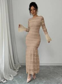 Rafferiza Women's Solid Color Mesh Patchwork Slim Fit Elegant Long Sleeve Dress Fall Cloth For Women - Khaki - View 4