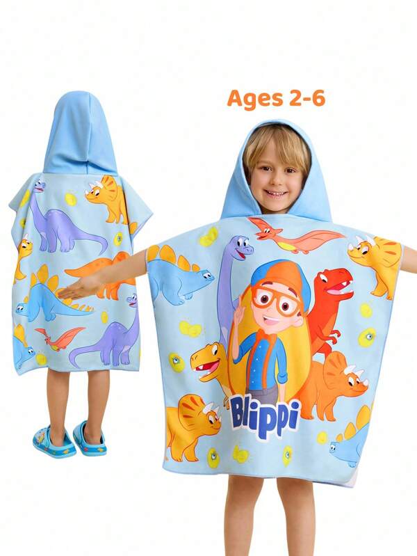 Blippi X SHEIN Toalla de baño con capucha de dinosaurio de dibujos animados, toalla de baño para niños, de microfibra súper absorbente, de secado rápido, sin pelusa, cálida y a prueba de frío, adecuada para niños de 2 a 6 años, versátil para baño, natación, playa