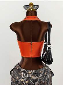 Amplova 女式无袖短款上衣，胸部带金属扣，露背设计 - 亮橙色 - 查看 4