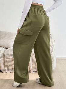 SHEIN Cargo Pants With Pockets, Wide Leg Trousers, Maternity Pants, Army Green - Green - View 2
