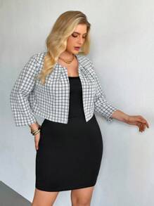 Auralis Plus Size Women's Spring And Autumn Fashion Elegant Comfortable Simple Daily Versatile White Plaid Short Jacket,Office Wear Women,Business Casual Woman Curve,Fall Outfits,Work Tops,Teacher Clothes,Simple Style
