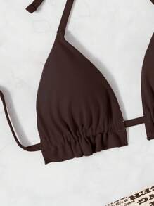 SHEIN Swim Áo bikini buộc dây trước hình tam giác siêu nhỏ màu trơn - Cà phê nâu - Xem 4
