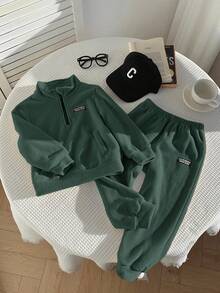 SHEIN 2pcs/Set Young Boys Casual Minimalist Outfit, Fleece Thickened, Suitable For Autumn/Winter - Dark Green - View 7