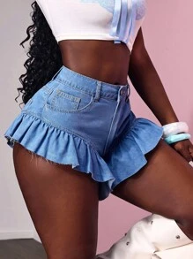 Slaydiva Quần short denim thời trang mùa hè viền bèo nhún màu trơn cho nữ - Rửa nhẹ - Xem 3