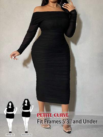 SHEIN PETITE CURVE Plus Size Women Off Shoulder Long Sleeve Pleated Fitted Elegant Dress,Graduation Dress For Dating For People Of Shorter Stature