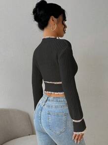 Chiquease Áo len cardigan cắt cúp viền màu cho nữ - màu đen - Xem 2