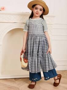 Dazy Kids 女孩（年轻）格子荷叶边细肩带中长连衣裙，夏季分层装，韩版风格 - 淺灰色 - 查看 4