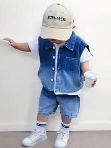 Genkimix Kids Baby Boy 3-Piece Set: White Round Neck Short Sleeve Top, Sleeveless Denim Vest Jacket, And Shorts, Simple Style With Denim Pattern, Fashionable Design, Suitable For Outdoor Play And Casual Home Wear, Creating A Stylish Little Kid