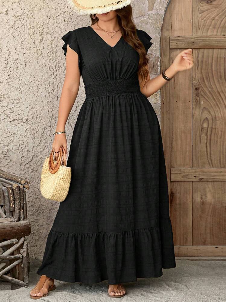 plus size black boho dress SHEIN LUNE Women Summer Vacation Holiday Long Dress,Textured Fabric Flowy Hem V Neck Ruffle Maxi Dress,Casual Graduation Streetwear Outfit Complete the Look:The Portrait Collection: Dress + Rosebud Party Hat