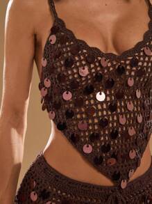 SHEIN BAE 休闲女式亮片吊带不对称下摆针织上衣，上衣，女士夏季穿搭，夏季上衣，女士度假穿搭，女士沙滩装，露脐上衣，女士上衣，沙滩毛衣，吊带上衣，钩针上衣，秋季毛衣，秋季女装，秋季穿搭，秋季服装，可爱校园上衣，秋季性感上衣，露背上衣，女士秋季服装，秋季毛衣，秋季女装，万圣节毛衣，性感夜店装