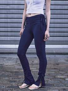 COUREZ Extreme Ruched Flared Trousers /Y2K Summer Bottoms Sexy Low Rise Vintage - Navy Blue - View 2