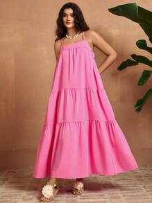 SHEIN VCAY Plus Size Women Holiday Solid Color Ruffle Hem Spaghetti Strap Dress - Hot Pink - View 3