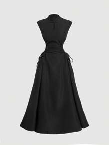 SHEIN MOD Đầm dài buộc chéo cổ sườn xám kèm chân váy Maxi, phong cách Trung Hoa, nữ, trang phục dự tiệc trưa cho nữ, quần áo phù thủy, cô dâu xác chết - màu đen - Xem 1