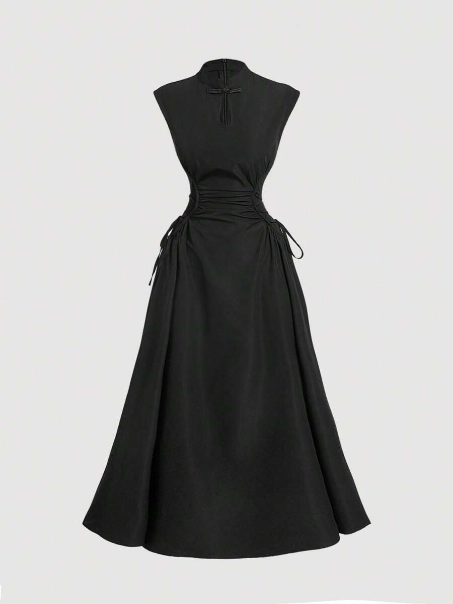 SHEIN MOD Đầm dài buộc chéo cổ sườn xám kèm chân váy Maxi, phong cách Trung Hoa, nữ, trang phục dự tiệc trưa cho nữ, quần áo phù thủy, cô dâu xác chết - màu đen - Xem 1