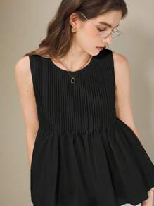 Muvela Blusa elegante da donna con scollo rotondo, volant e orlo senza maniche, bianca tinta unita, top estivo elegante per signore