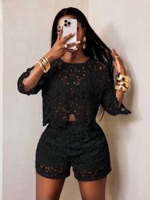 BamGleam Sexy Cut Out Lace See-Through Flare Sleeve Four Seasons Knit Women's Blouse, Haute Women Tops, Fitted Elegant Crew Neck Tops