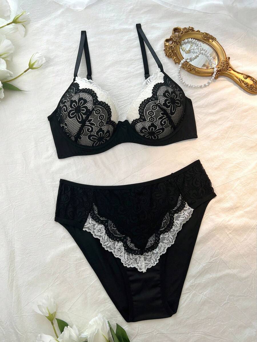 DelicateAllure Bộ đồ lót ren tương phản & quần lót - Đen và trắng - Xem 1